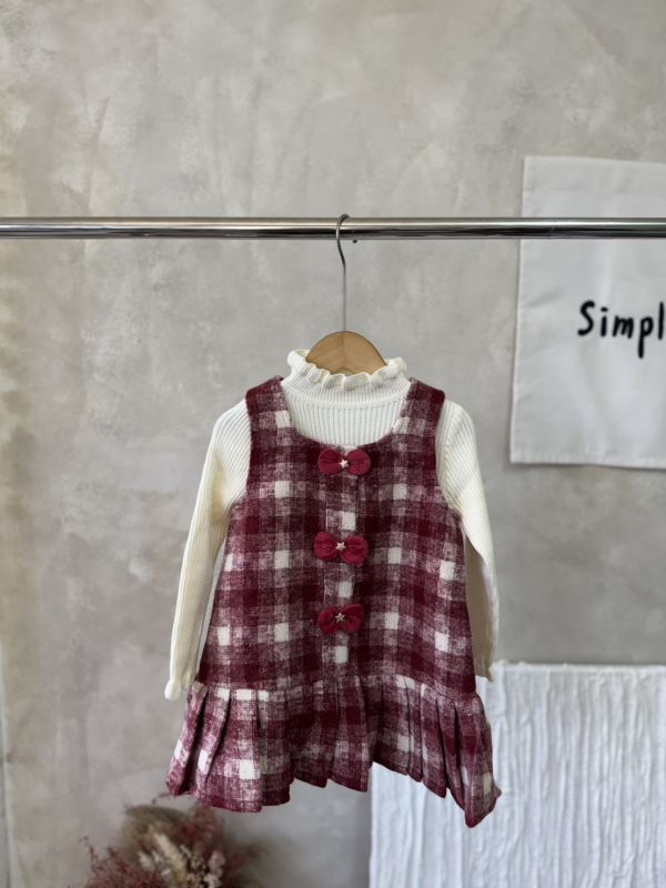 兩件套！毛呢格紋百摺連身裙坑條上衣套裝 