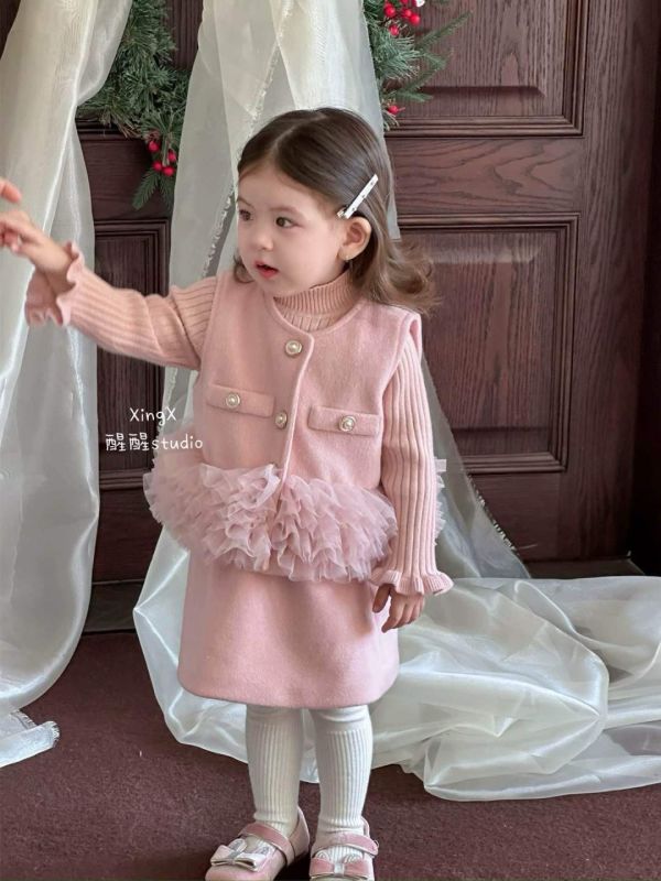 三件套！公主紗紗背心毛短裙粉色內搭套裝 