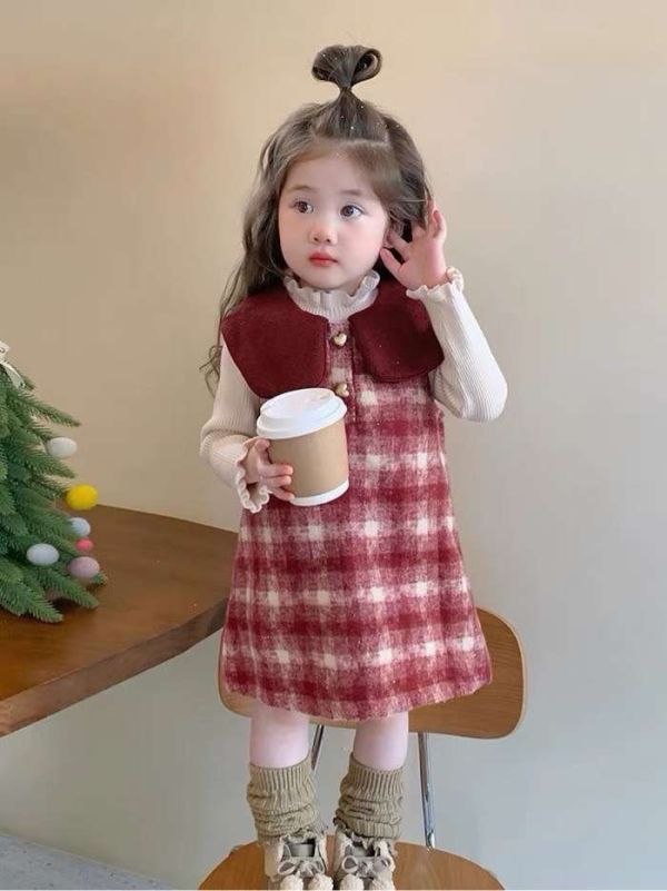 兩件套！愛心釦格紋毛呢翻領連身裙條內搭上衣套裝 