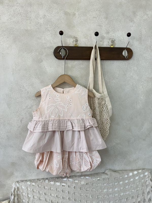 公主提花層次荷葉背心花苞褲套裝 