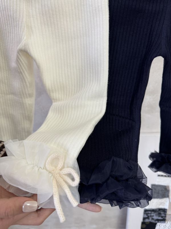 仙女的拼紗坑條蝴蝶結微刷毛內搭長褲 