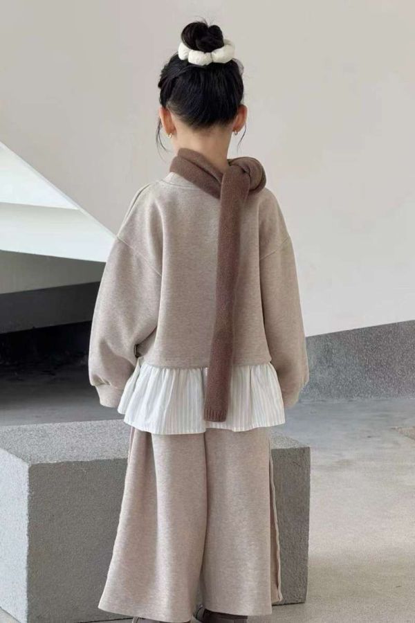 磨毛拼接條紋荷葉邊側面不收邊長褲舒適套裝(版型偏大) 