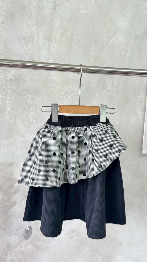 設計感！日系波點格紋拼接燈芯絨半身裙 
