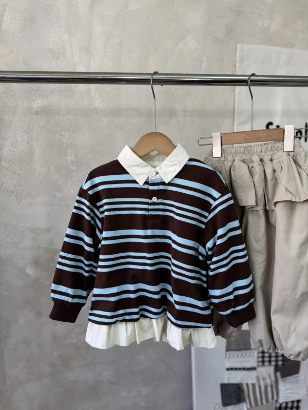 咖藍條紋荷葉邊立領加絨上衣 