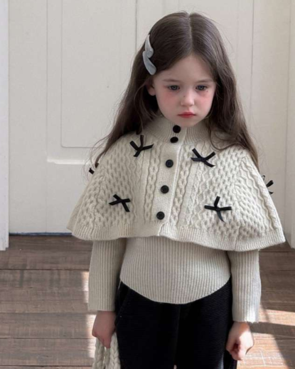 兩件套！蝴蝶結麻花披肩坑條針織上衣套裝 