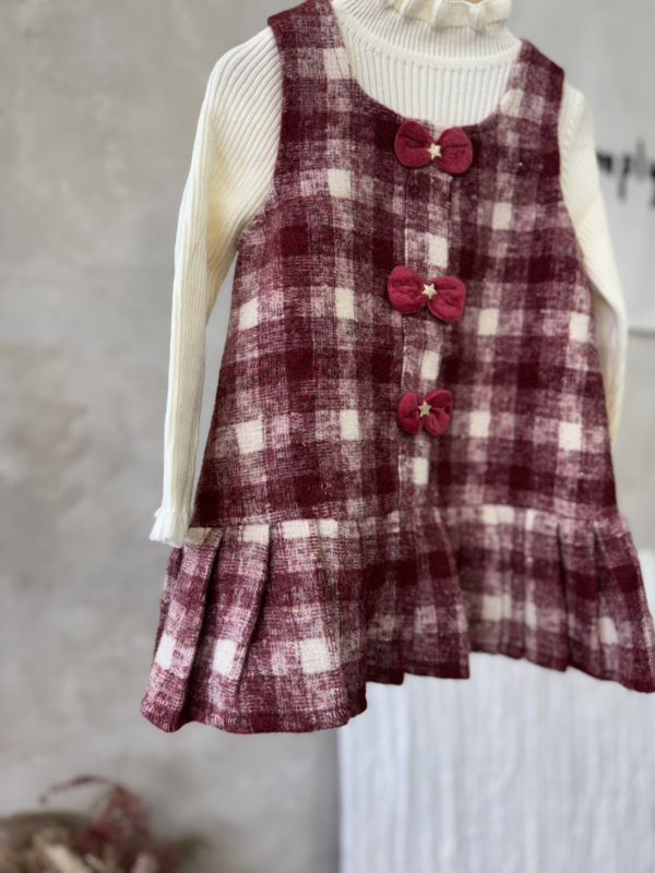 兩件套！毛呢格紋百摺連身裙坑條上衣套裝 