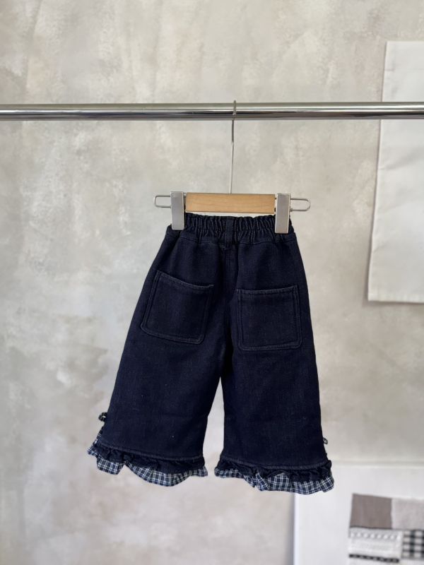 格紋花邊蝴蝶結直筒牛仔加厚長褲(褲長偏短可帶大) 