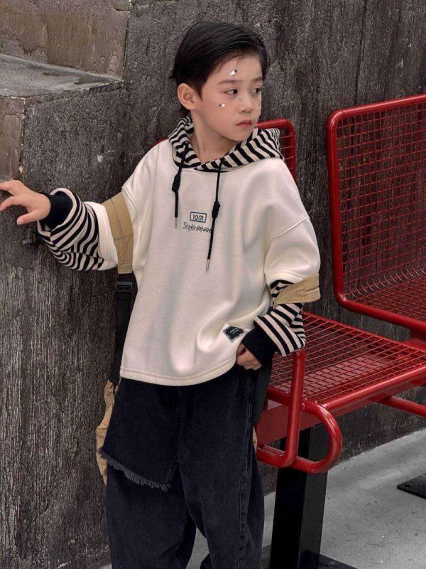 街頭風格！條紋拼接假兩件刷毛連帽上衣 