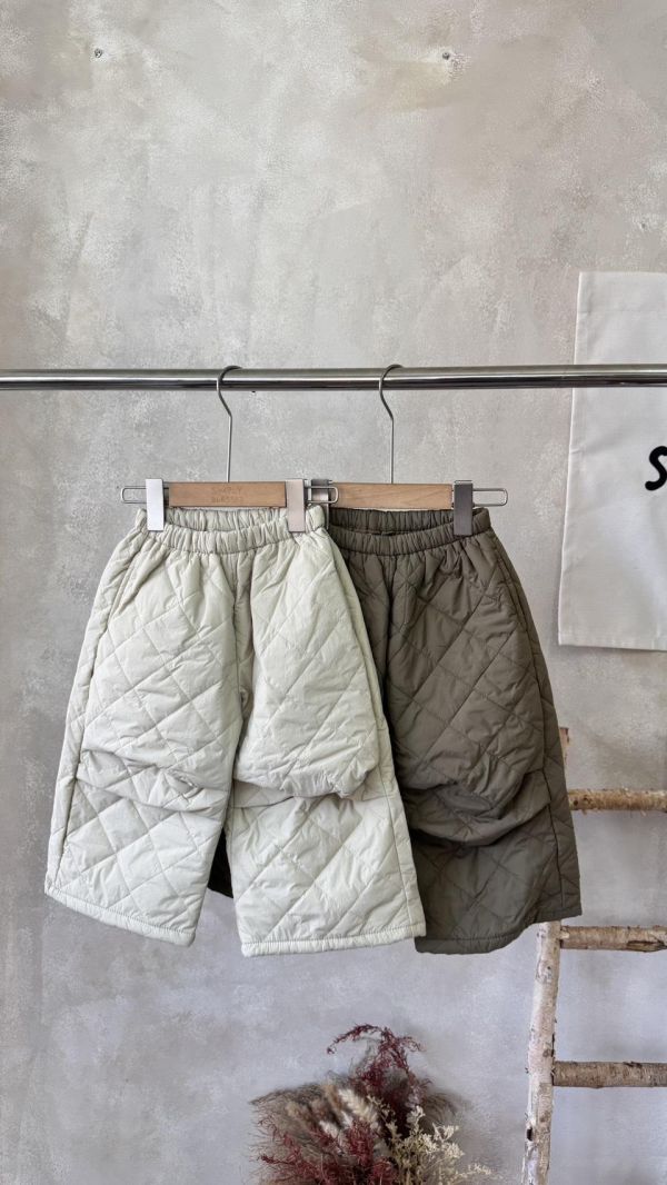 日系菱格紋抓褶夾棉長褲 