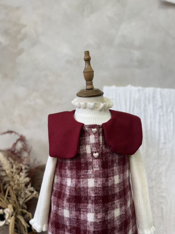 兩件套！愛心釦格紋毛呢翻領連身裙條內搭上衣套裝 