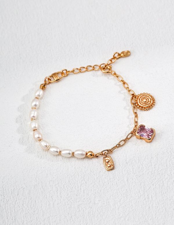 Charm 粉紫魅力珍珠手鍊 珍珠手鍊、粉紫晶石手鍊、珍珠鍊條飾品、18K金飾品、疊戴手鍊、粉紫魅力手鍊