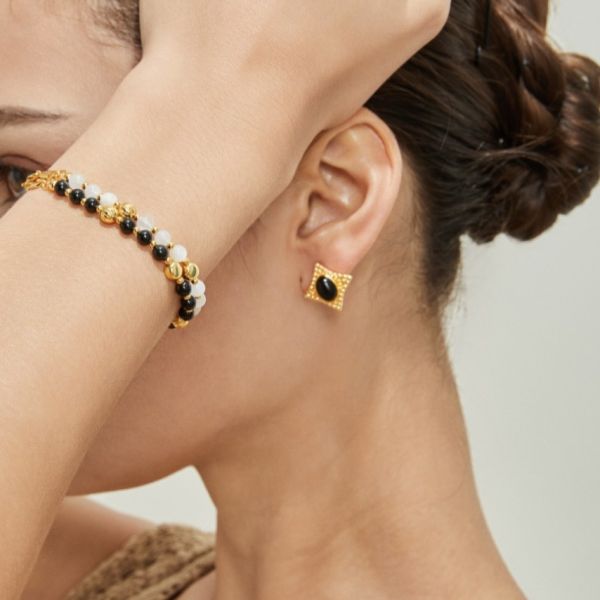 復古金色黑瑪瑙耳環 