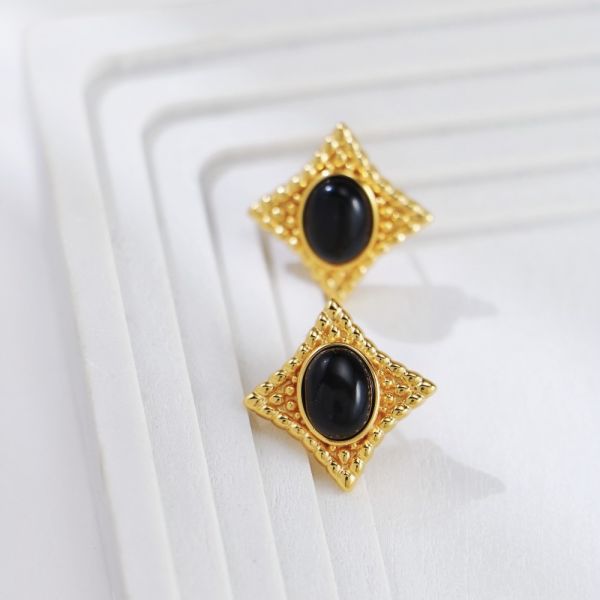 復古金色黑瑪瑙耳環 