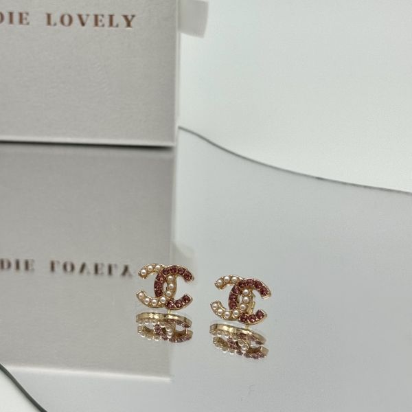 Chanel粉鑽珍珠金色耳環 