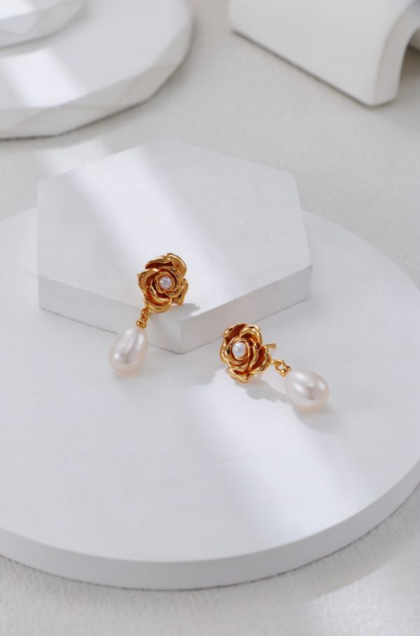 Célyn｜玫瑰花珍珠耳環 