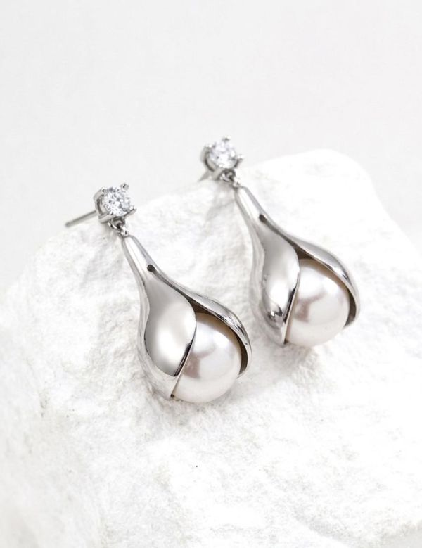 天然亮面珍珠鋯石耳環 