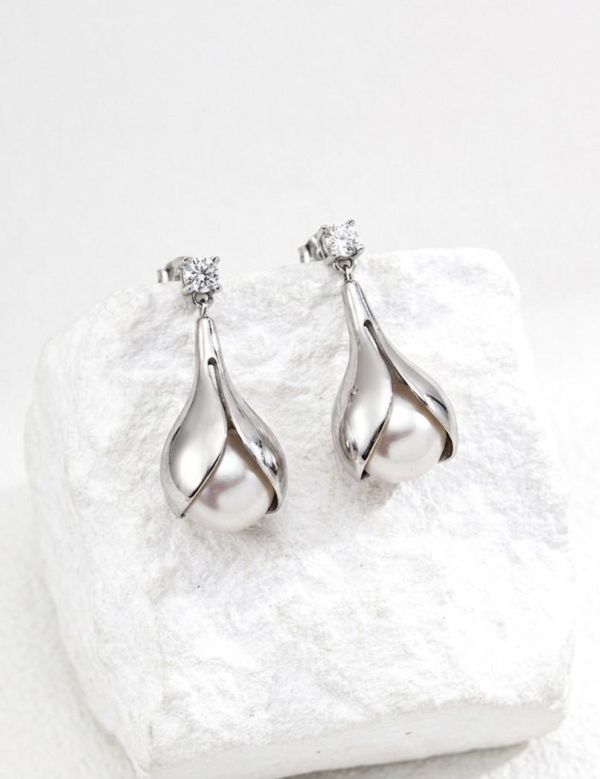 天然亮面珍珠鋯石耳環 