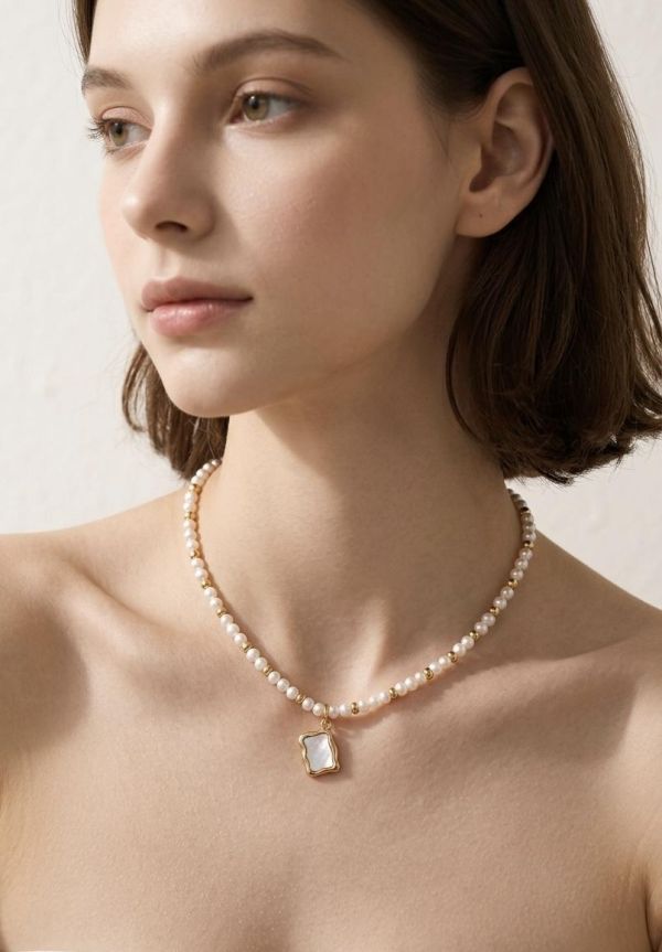 珠光白貝母珍珠項鍊 珍珠項鍊、天然珍珠項鍊、18K金項鍊、簡約珍珠項鍊