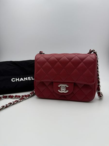 Chanel CF酒紅銀扣荔枝皮方胖子 