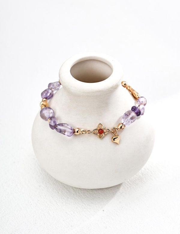 紅瑪瑙紫晶手鏈 紫水晶手鍊、能量水晶飾品、祈願幸運飾品、18K金鍍飾