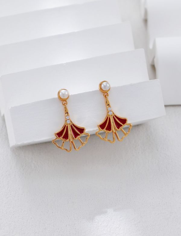 金色銀杏葉紅色滴釉耳環 