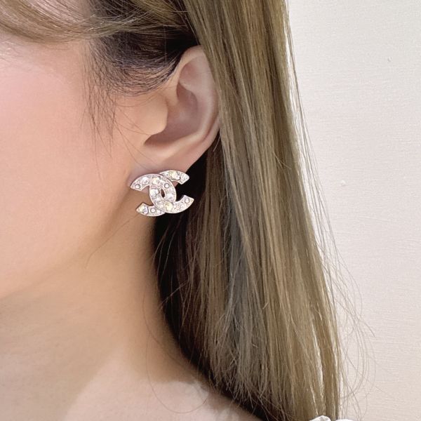 Chanel銀色星鑽耳環 