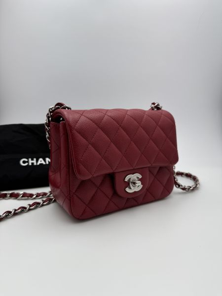 Chanel CF酒紅銀扣荔枝皮方胖子 