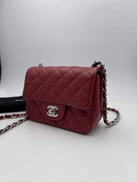 Chanel CF酒紅銀扣荔枝皮方胖子 