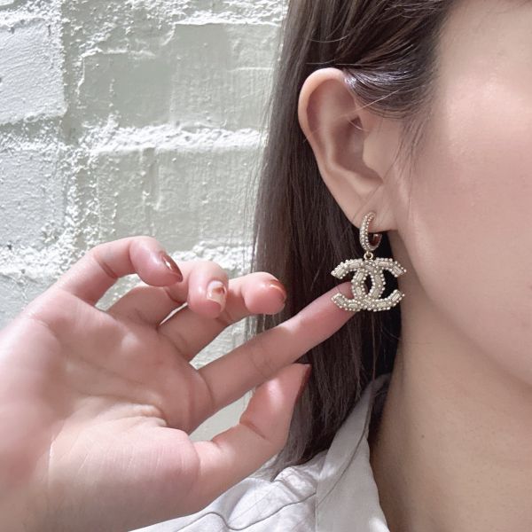 Chanel金鑽珍珠吊墜耳環 