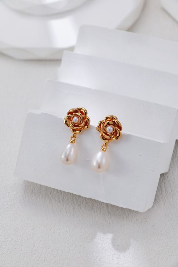 Célyn｜玫瑰花珍珠耳環 