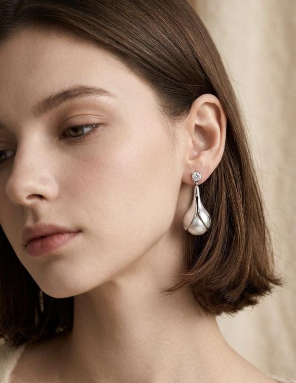 天然亮面珍珠鋯石耳環 