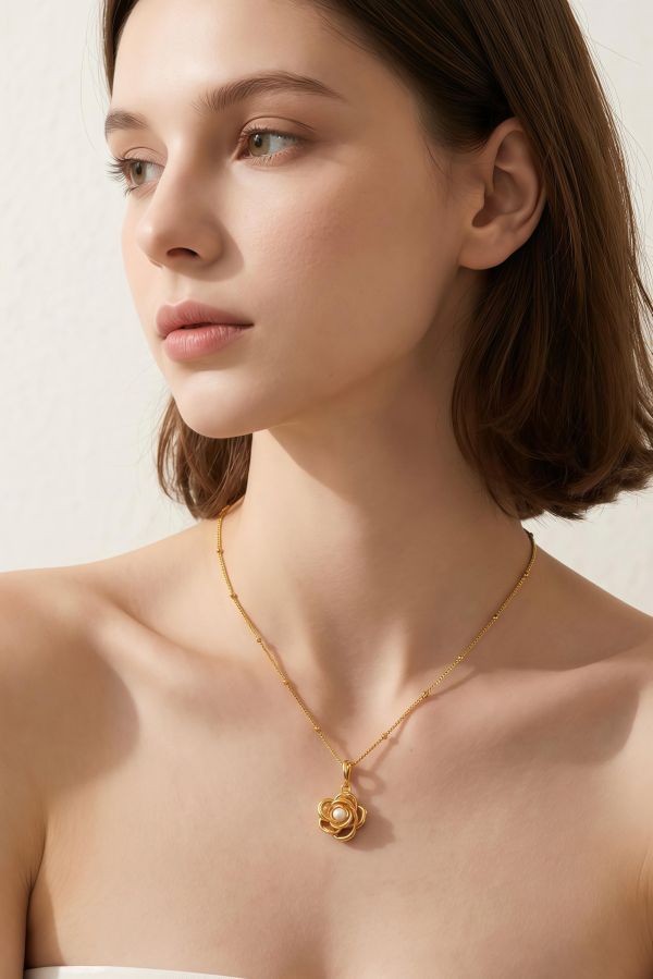 珍珠玫瑰花鏈條項鍊 