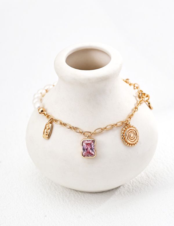 Charm 粉紫魅力珍珠手鍊 珍珠手鍊、粉紫晶石手鍊、珍珠鍊條飾品、18K金飾品、疊戴手鍊、粉紫魅力手鍊