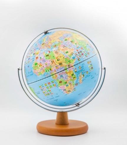 10吋行政國旗地球儀｜中英文對照・360度全回轉・世界各國國旗・木質底座・兒童地理教學 10吋行政國旗版360度迴旋木質地球儀(中英文對照)
