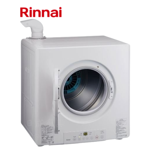 林內 RDT-90-TR-W 9公斤日本原裝瓦斯乾衣機開門圖,展示不鏽鋼滾筒與內部濾網結構。