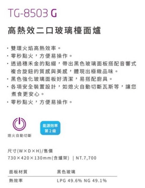 【日成】莊頭北二口檯面爐 黑玻璃面板 檯面式瓦斯爐 TG-8503GB 