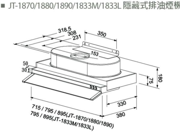 【日成】喜特麗90cm隱藏式油煙機 JT-1890 超薄型 