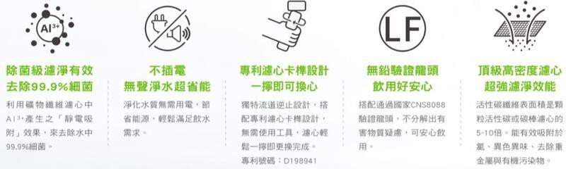P0780-淨水器-櫻花-快捷高效-雙管除菌-專利濾心卡榫設計-無鉛認證龍頭-頂級高密度濾心-免插電-功能特色