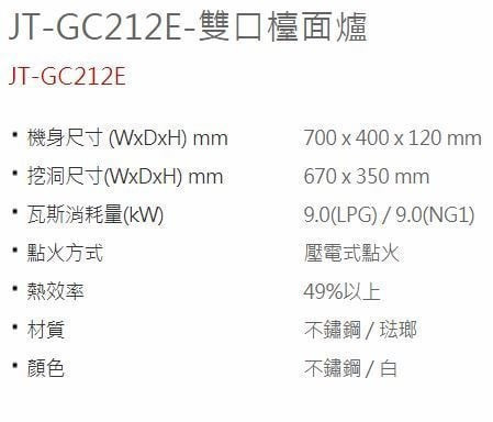 JT-GC212S-喜特麗-檯面式-歐式檯面-不銹鋼-日本熱電偶-台灣製拷克-瓦斯爐-規格