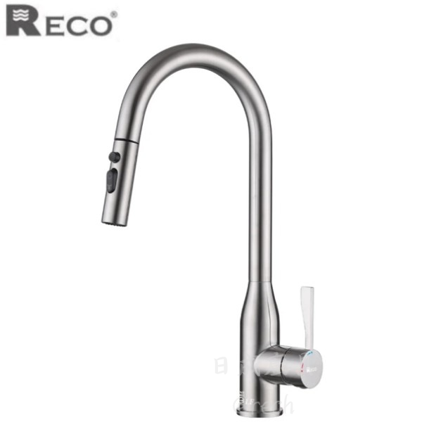 RECO 103255 美國廚房伸縮龍頭，SUS304 不鏽鋼毛絲面，大流量無鉛廚房水龍頭。