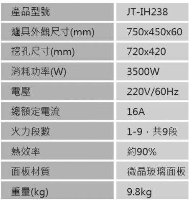 【日成】JTL喜特麗 IH微晶調理爐/感應爐 JT-IH238 贈牛頭牌鍋具三件組 