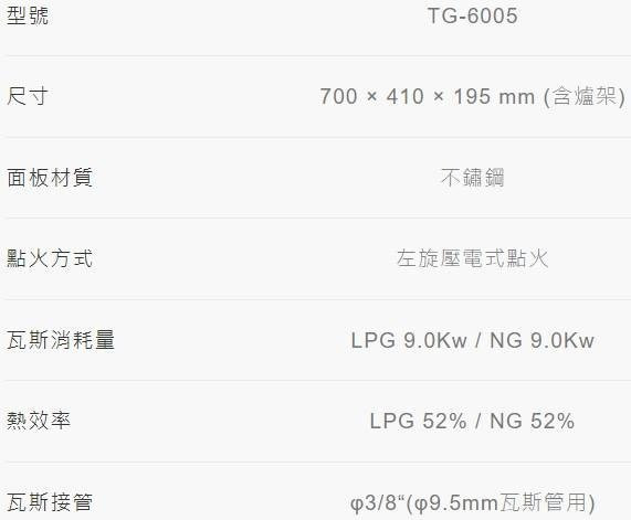 【日成】莊頭北.一級聚熱焰.安全台爐 TG-6005 