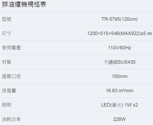 【日成】莊頭北.變頻馬達.專利不銹鋼油網.倒T型排油煙機 TR-5795(120cm) 