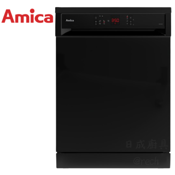 歐洲製造 Amica XFV 760 T5 獨立式洗碗機外觀。時尚黑晶玻璃面板,15 人份大容量。搭載 LED 電子顯示螢幕。日成廚具。