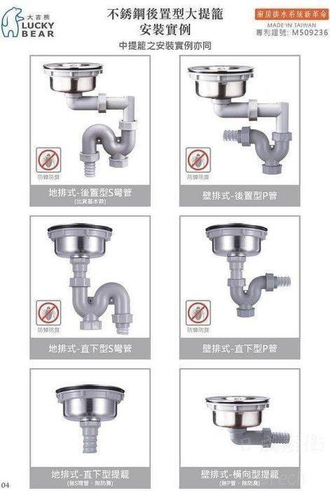 廚房排水安裝實例：大提籠支援地排、壁排、S 彎管與 P 管，節省櫥櫃空間設計。