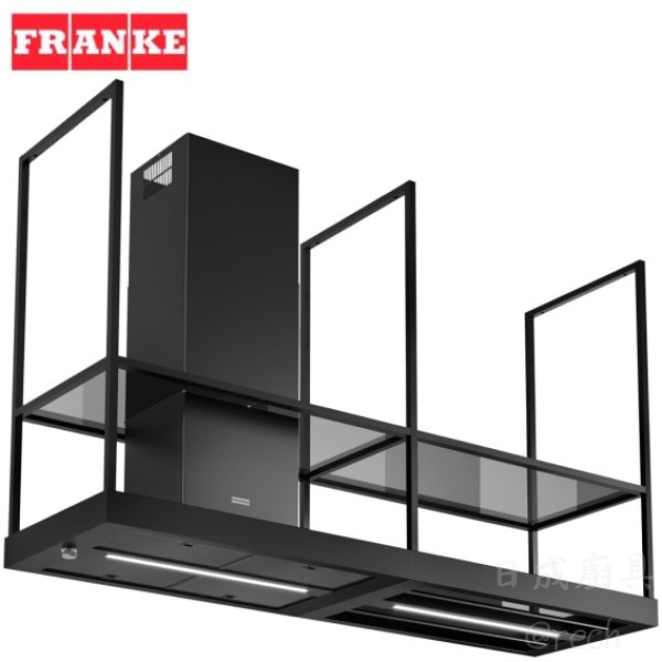 瑞士 FRANKE 中島式排煙機 FMY BK MATT F180 主圖,呈現 Mythos T-Shelf 工業風黑色霧面架構與煙燻灰玻璃層板設計,頂級進口中島廚具推薦。—日成廚具