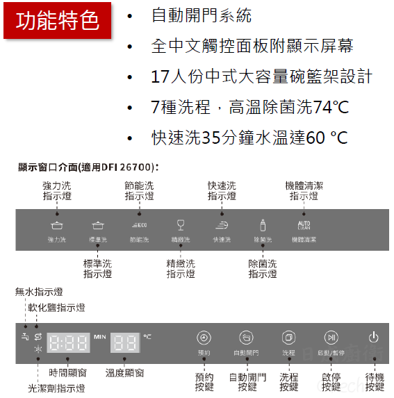 DFI 26700洗碗機-德國-TEKA-全嵌式-自動開門-17人份-全中文觸控-7種洗程-省電又防潮-功能特色