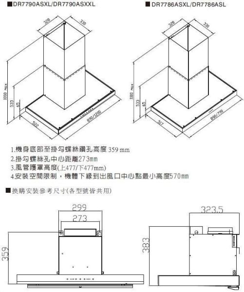 【日成】櫻花牌90cm環吸系列.渦輪變頻.倒T式歐化除油煙機 (DR-7786BSXL) 