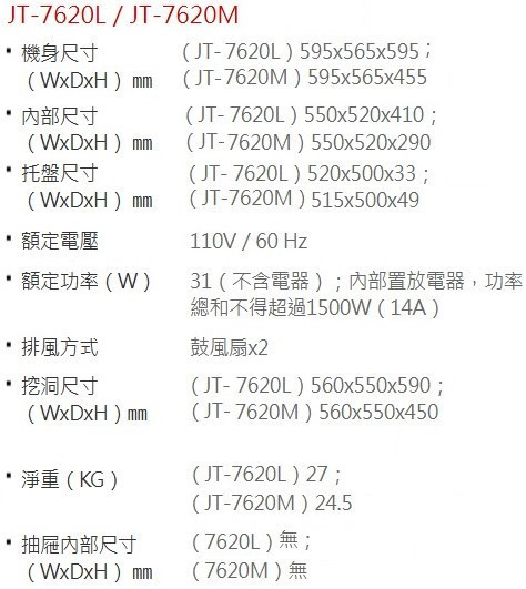 JT-7620M和L-喜特麗-崁入式-上掀式-電器收納櫃-炊飯櫃-規格