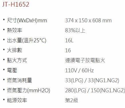 JT-H1652-喜特麗-16L-數位恆溫-強制排氣-3年保固-熱水器-規格